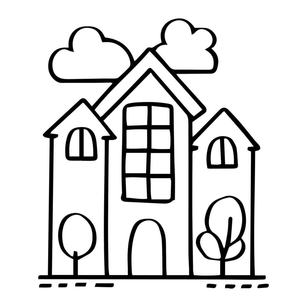 a  house, surrounded by trees under a sky with clouds. kid drawing cartoon style. Vector outline