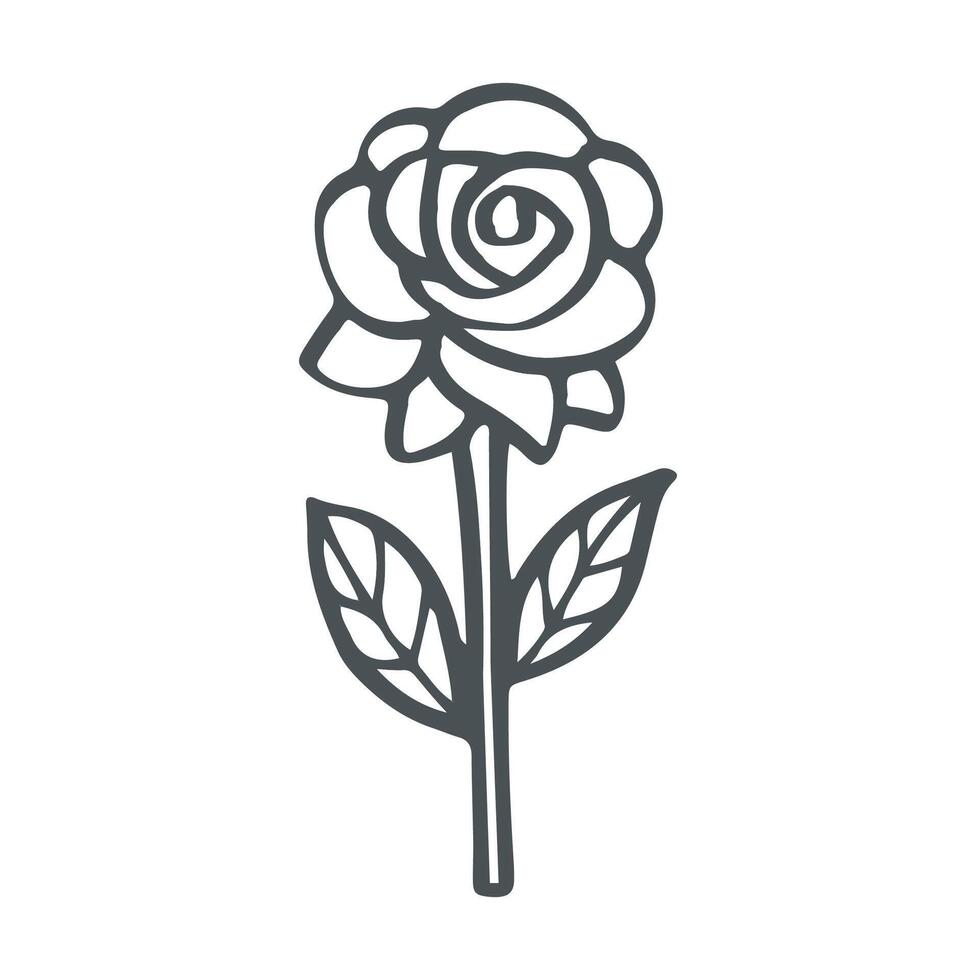 black outline of A single rose in full bloom with leaves rests vector