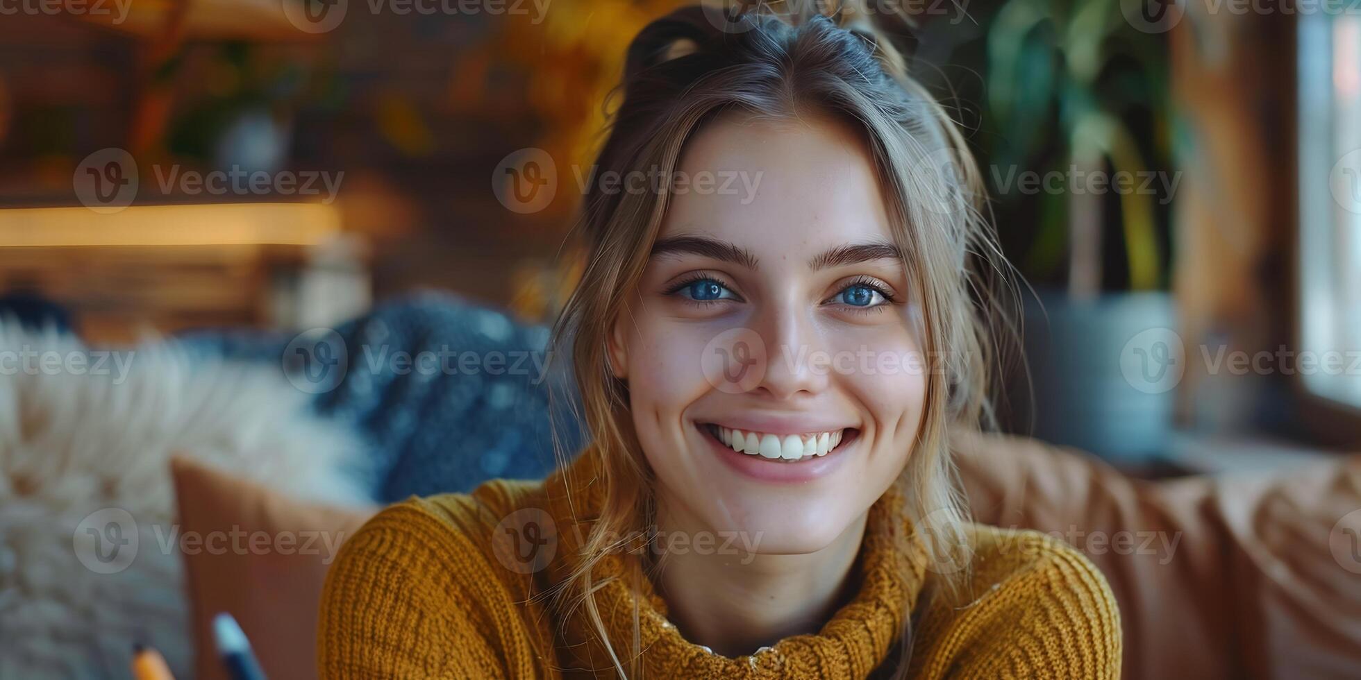 AI Generated  shot of happy smiling woman sitting in cafe with laptop. Girl friendly looking at camera while studying remote from coffee shop. Freelancer working with computer from co-working space. photo