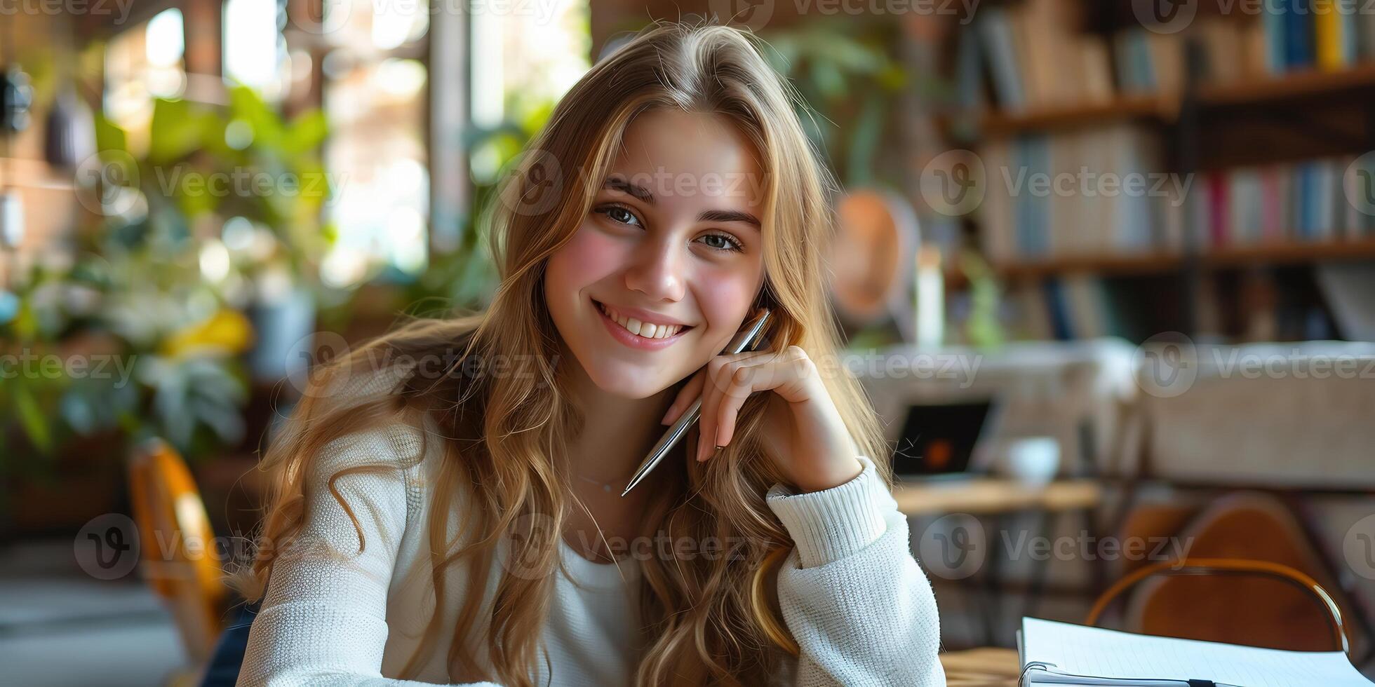 AI Generated  shot of happy smiling woman sitting in cafe with laptop. Girl friendly looking at camera while studying remote from coffee shop. Freelancer working with computer from co-working space. photo