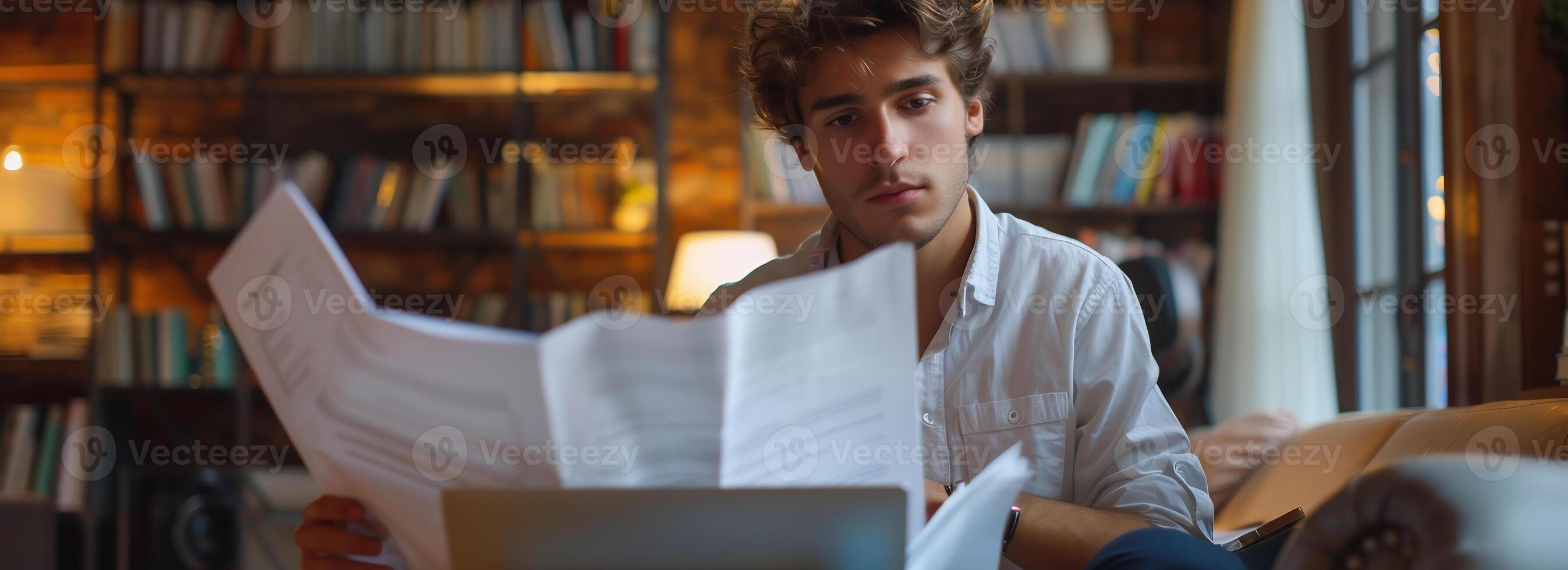 AI Generated Young man looking in papers and working at home photo