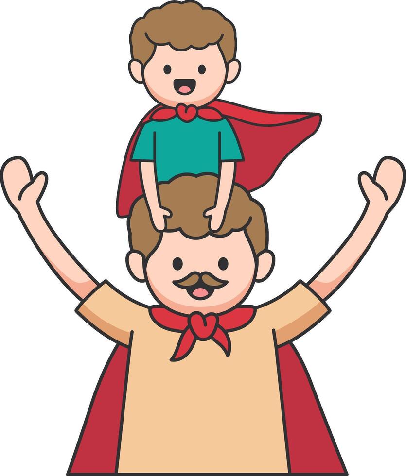 superhéroe papá con pequeño chico en su brazos, dibujos animados vector ilustración