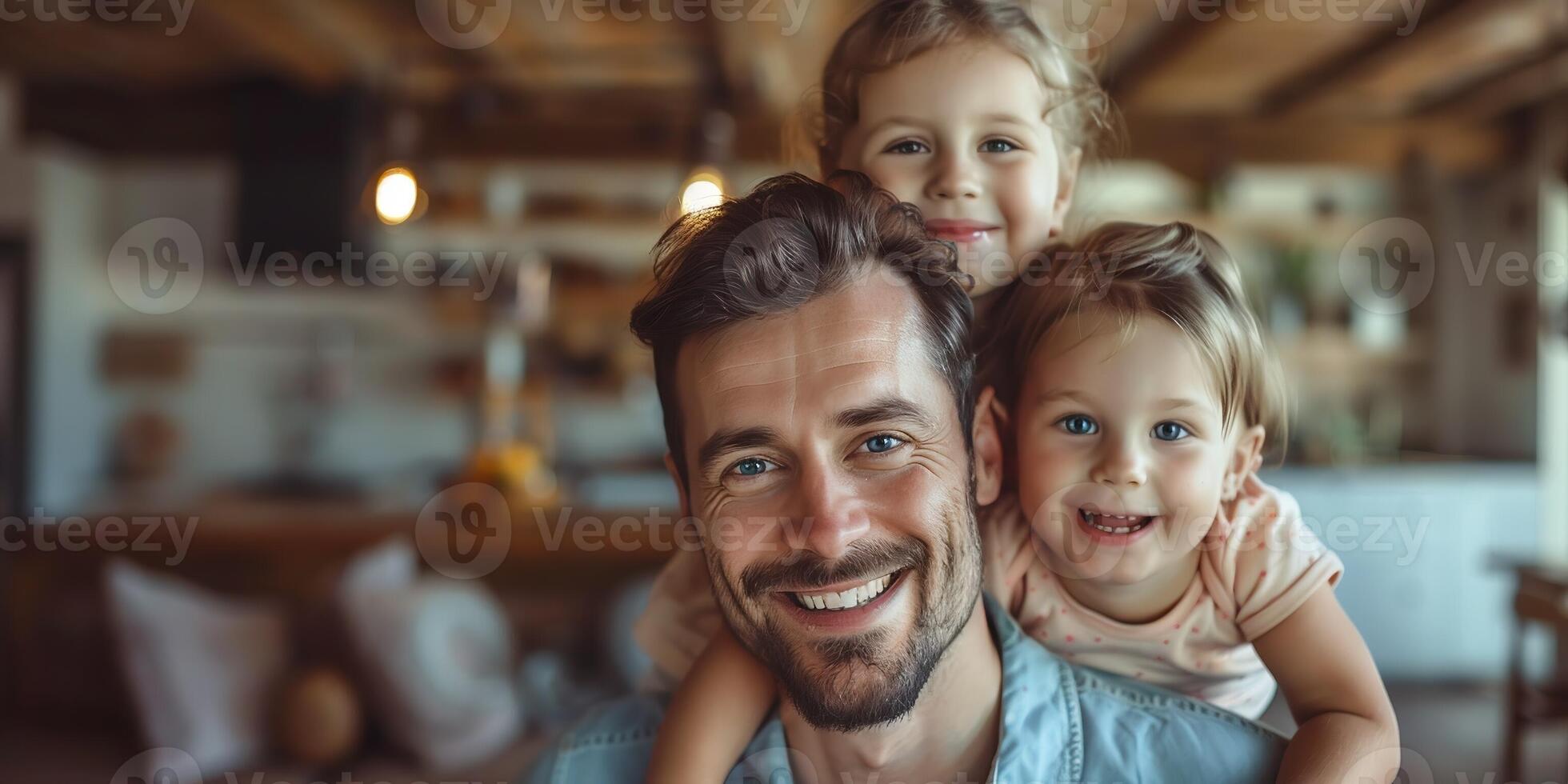 AI Generated Close up headshot portrait of smiling young Caucasian father and two small children play together at home. Happy single dad parent have fun hug embrace enjoy weekend with little kids photo