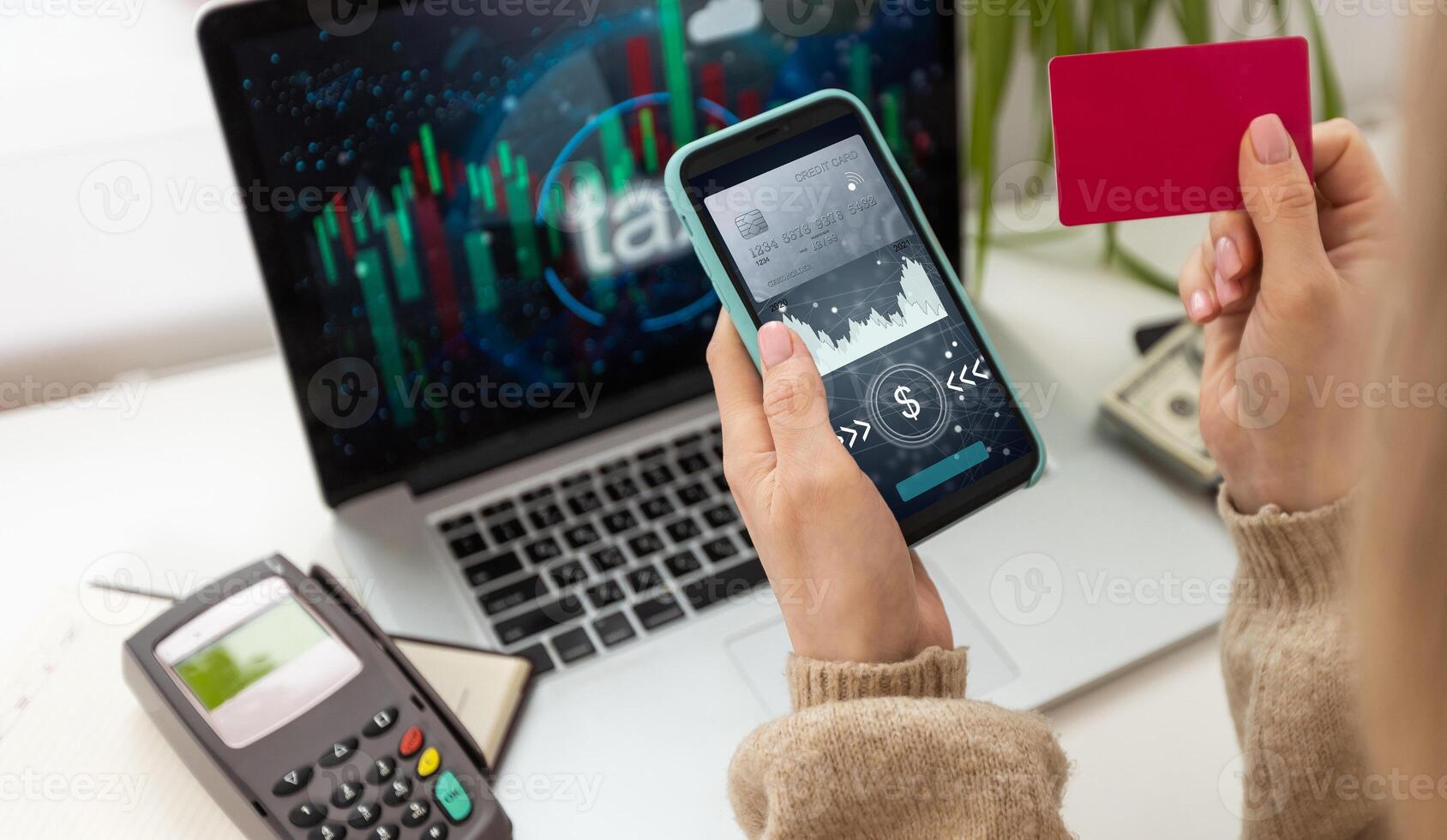 Making a mobile payment via a smartphone with frameless design. photo