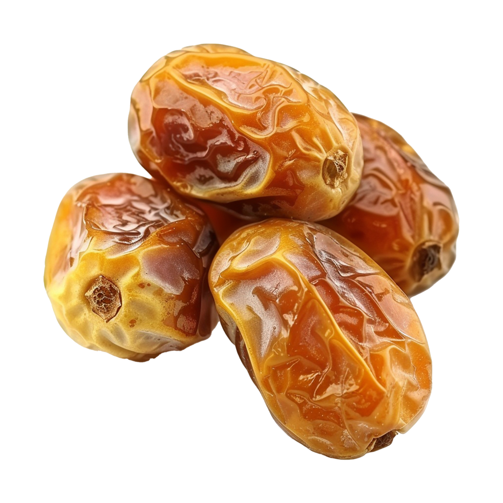 AI generated Golden dates in wooden bowl isolated on transparent background png