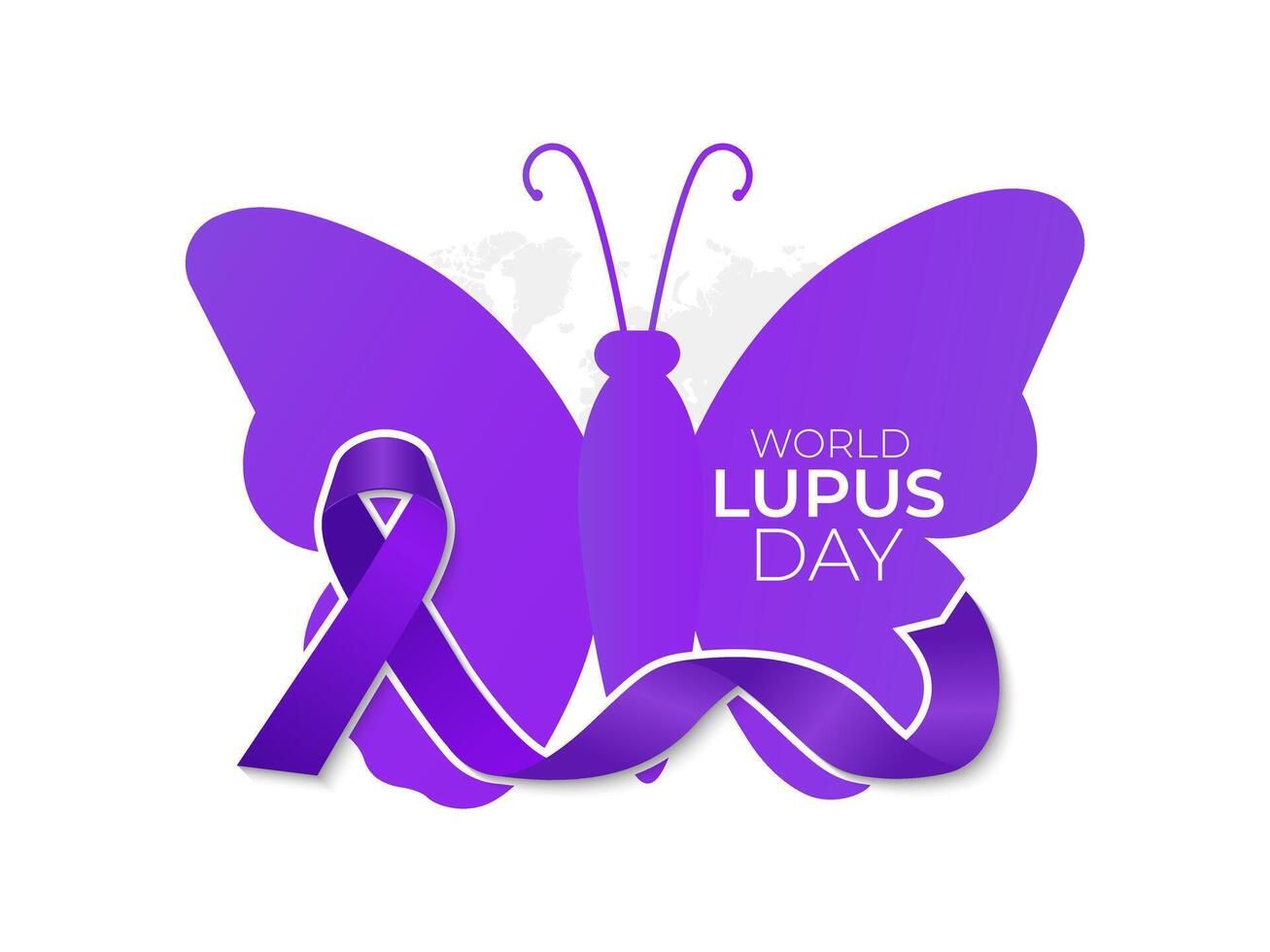 mundo lupus día 10 mayo con púrpura cinta en un mundo mapa antecedentes. bandera póster, volantes y antecedentes diseño. vector ilustración.