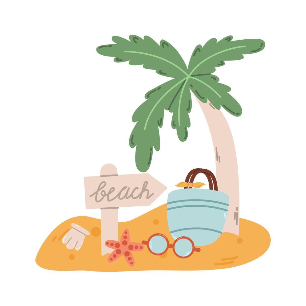 Background of summer sea beach with greeting. Hello summer, set of elements in the sand. Sign - Beach, Palm Tree, Beach Bag, Starfish vector