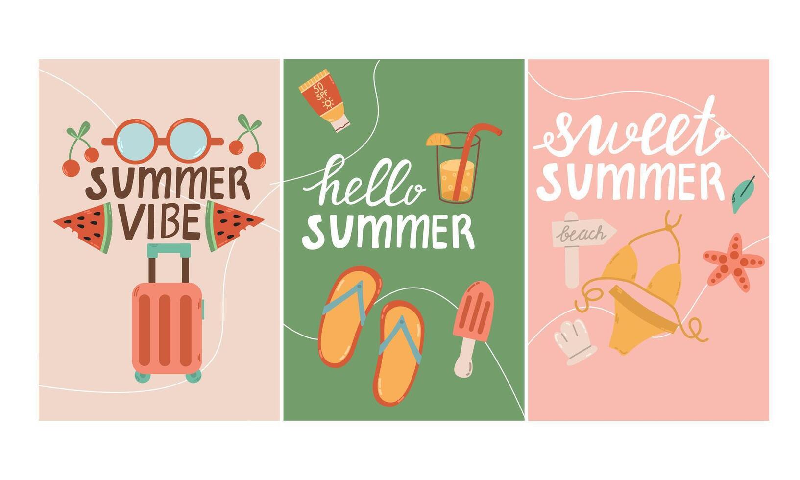 conjunto de linda verano saludo tarjetas verano antecedentes Hola verano, verano tiempo. para carteles, postales, álbum de recortes, pegatinas, cuentos vector