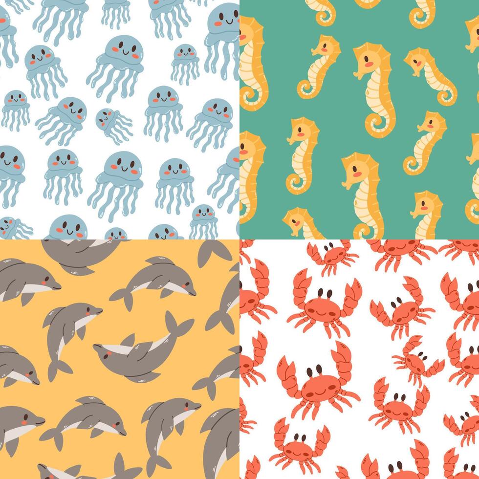 Set Seamless Pattern For Kids With Sea Animals Marine Background For Greetings, Invitations, Wrapping Paper Production, Textiles And Web Design. vector