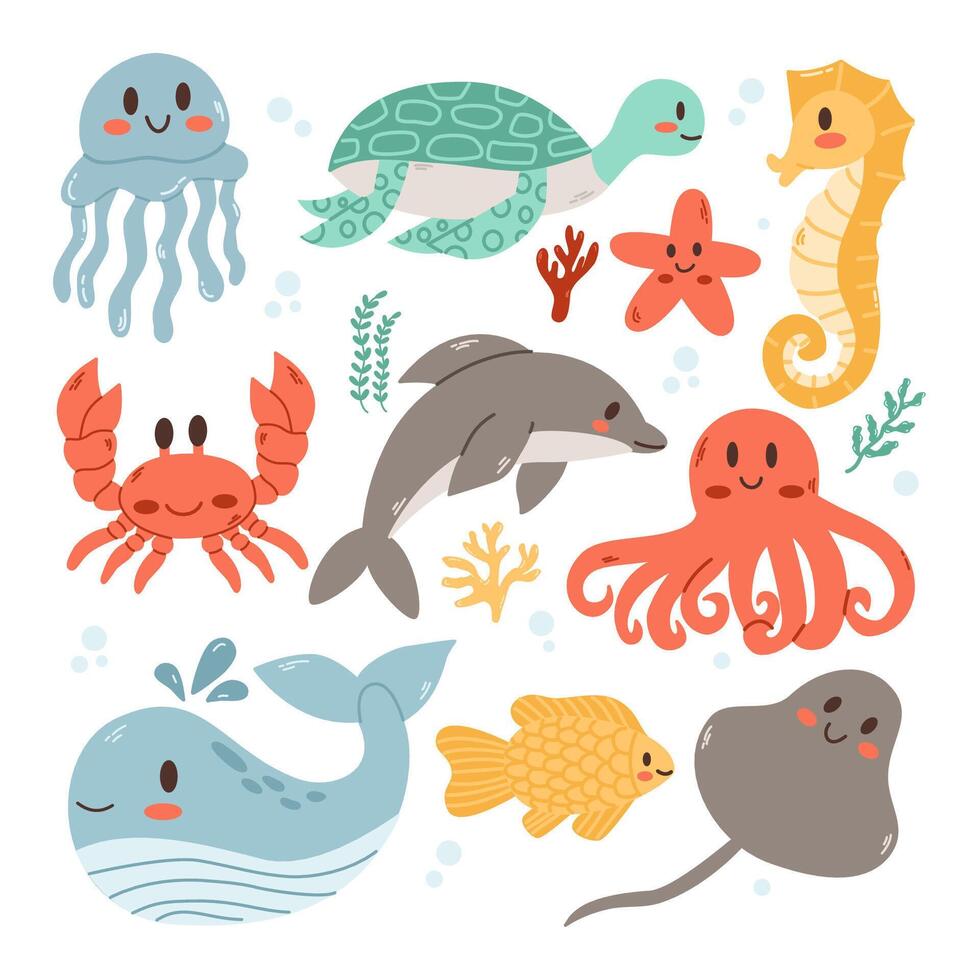 conjunto con mano dibujado mar animales habitantes de el mar mundo, lindo, gracioso submarino criaturas delfín, Oceano cangrejos, mar tortuga. plano dibujos animados ilustración vector