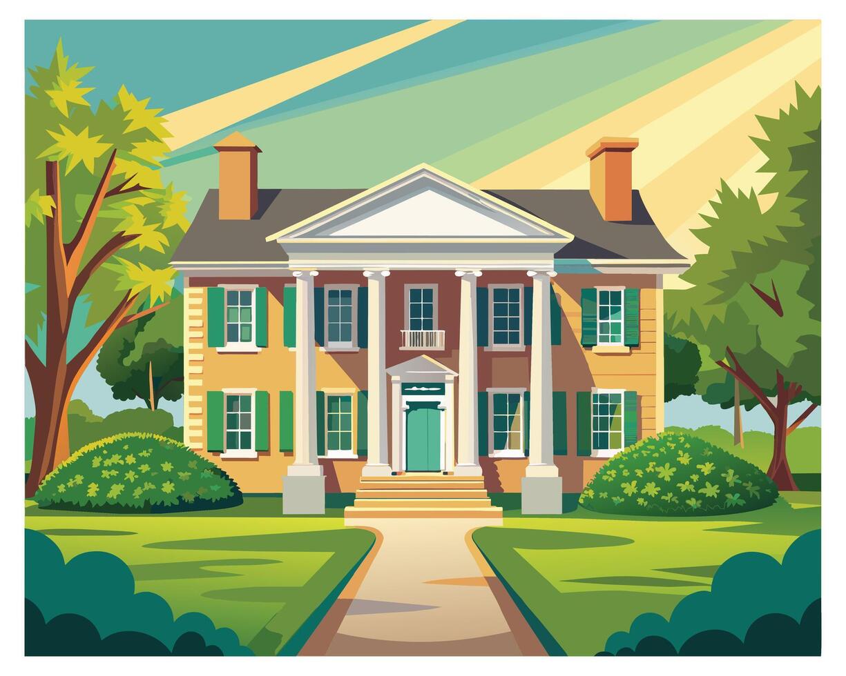 Beautiful front view of a house with green garden vector illustration