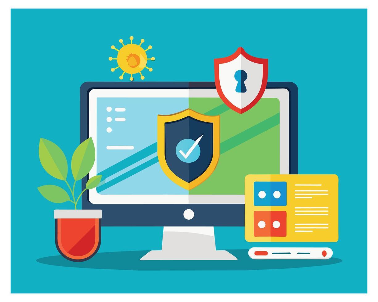 Computer With Cyber Security Icons Antivirus Pro Vector