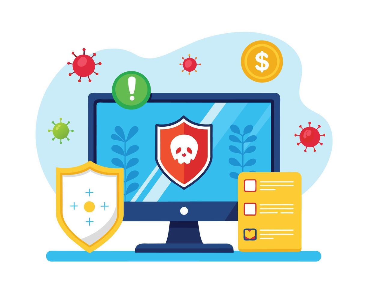 Computer With Cyber Security Icons Antivirus Pro Vector