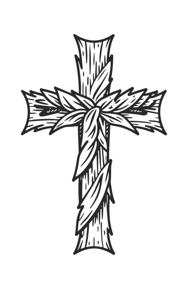 un negro y blanco dibujo de un cruzar con hojas vector