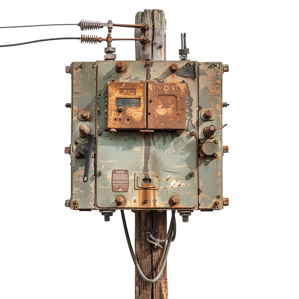 AI generated Old fashioned electric transformer on a pole isolated on transparent background png