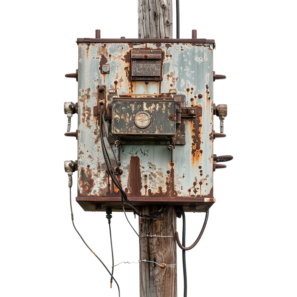 AI generated Old fashioned electric transformer on a pole isolated on transparent background png