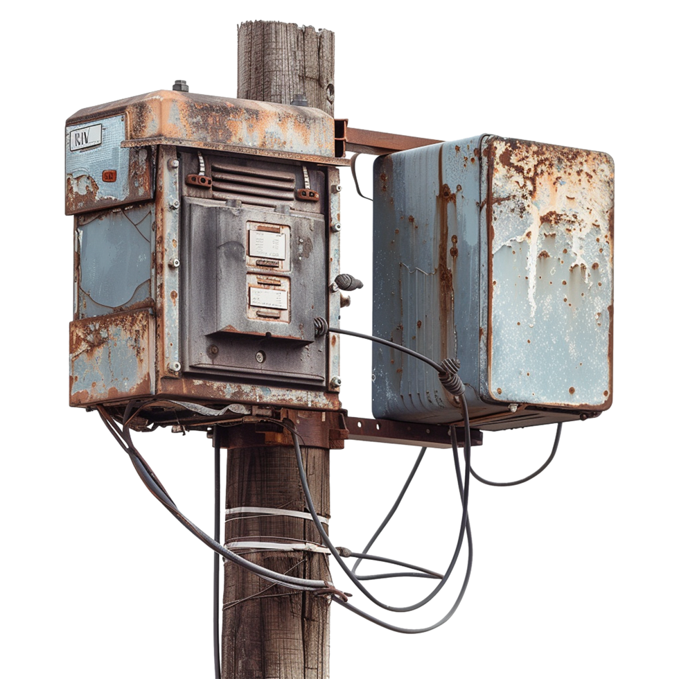 AI generated Old fashioned electric transformer on a pole isolated on transparent background png