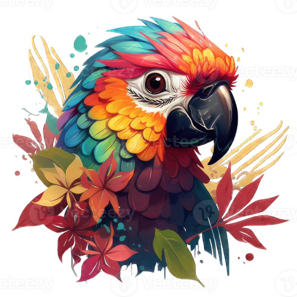 AI generated Colorful portrait of Amazon red macaw parrot against jungle. Side view of wild ara parrot head on green background. Wildlife and rainforest exotic tropical birds as popular pet breeds png