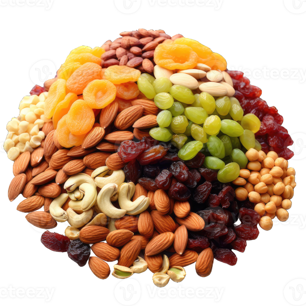 AI generated Assorted nuts in the form of a circle  peanuts, almonds, hazelnuts, pine nuts, cashews, walnuts, pistachio  isolated against the Transparent background. PNG