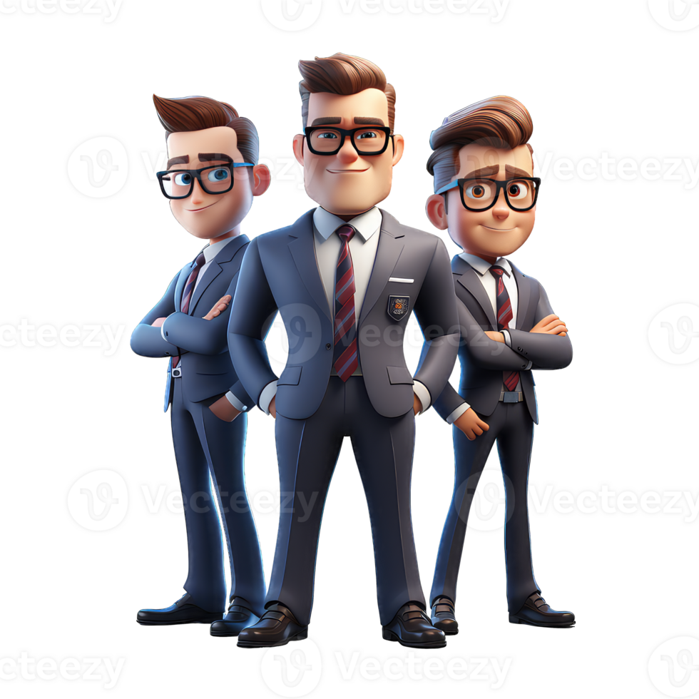 AI generated 3D cartoon businesspeople team stands in front of a white background, dressed in professional business suits png