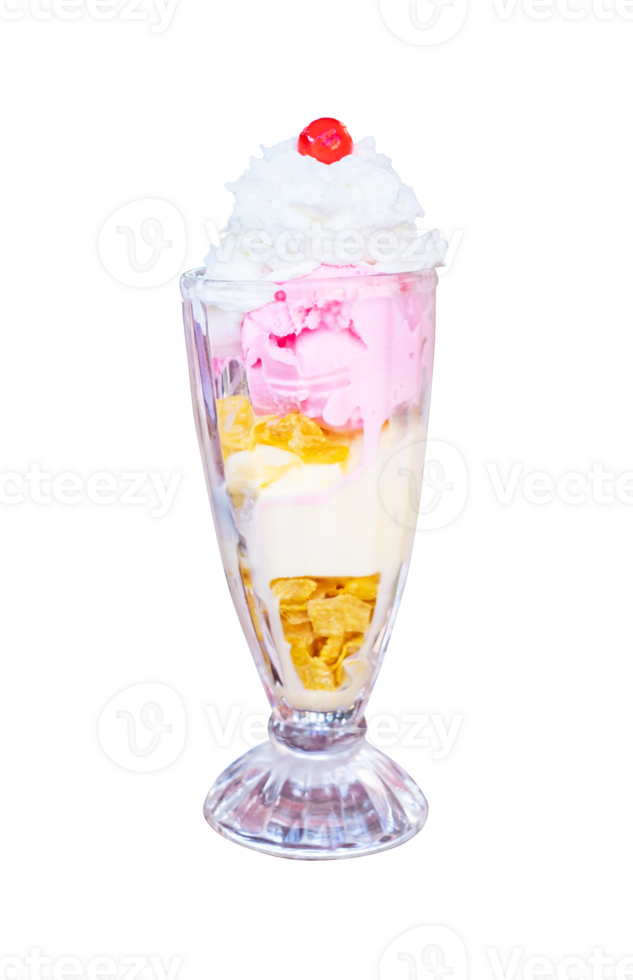 Red cherry and white whipped cream on top in Vanilla and strawberry ice cream and on clear glass Isolated on a transparent Background, PNG Flie