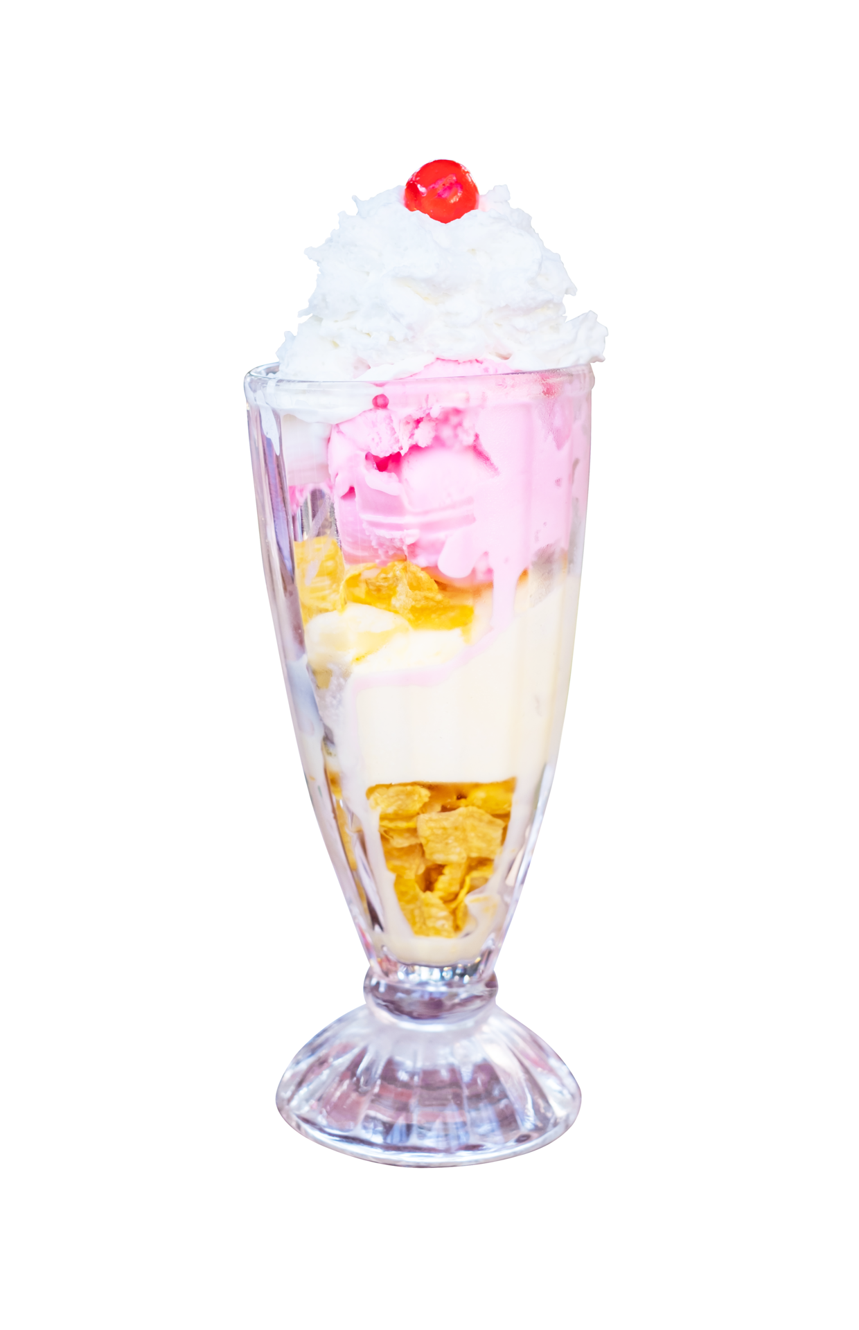 Red cherry and white whipped cream on top in Vanilla and strawberry ice