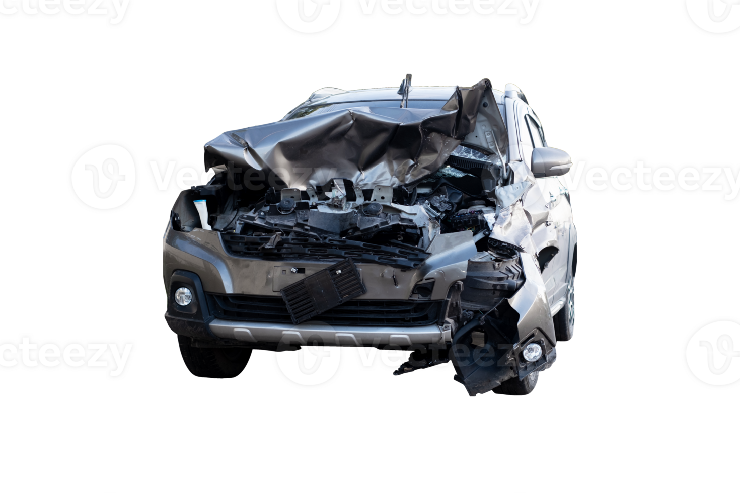 Vorderseite und Seite von Neu Bronze- Auto erhalten beschädigt durch Unfall auf das Straße. beschädigt Autos nach Kollision. isoliert auf transparent Hintergrund, Auto Absturz Stoßstange Grafik Design Element, png Datei