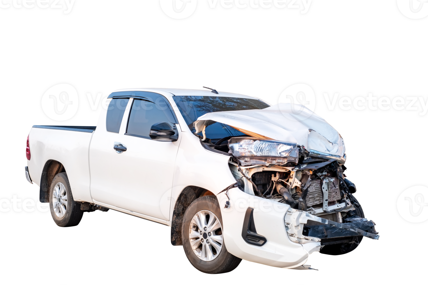 Car crash, Front and Side view of white pickup car get hard damaged by accident on the road. damaged cars after collision. isolated on transparent background, PNG File