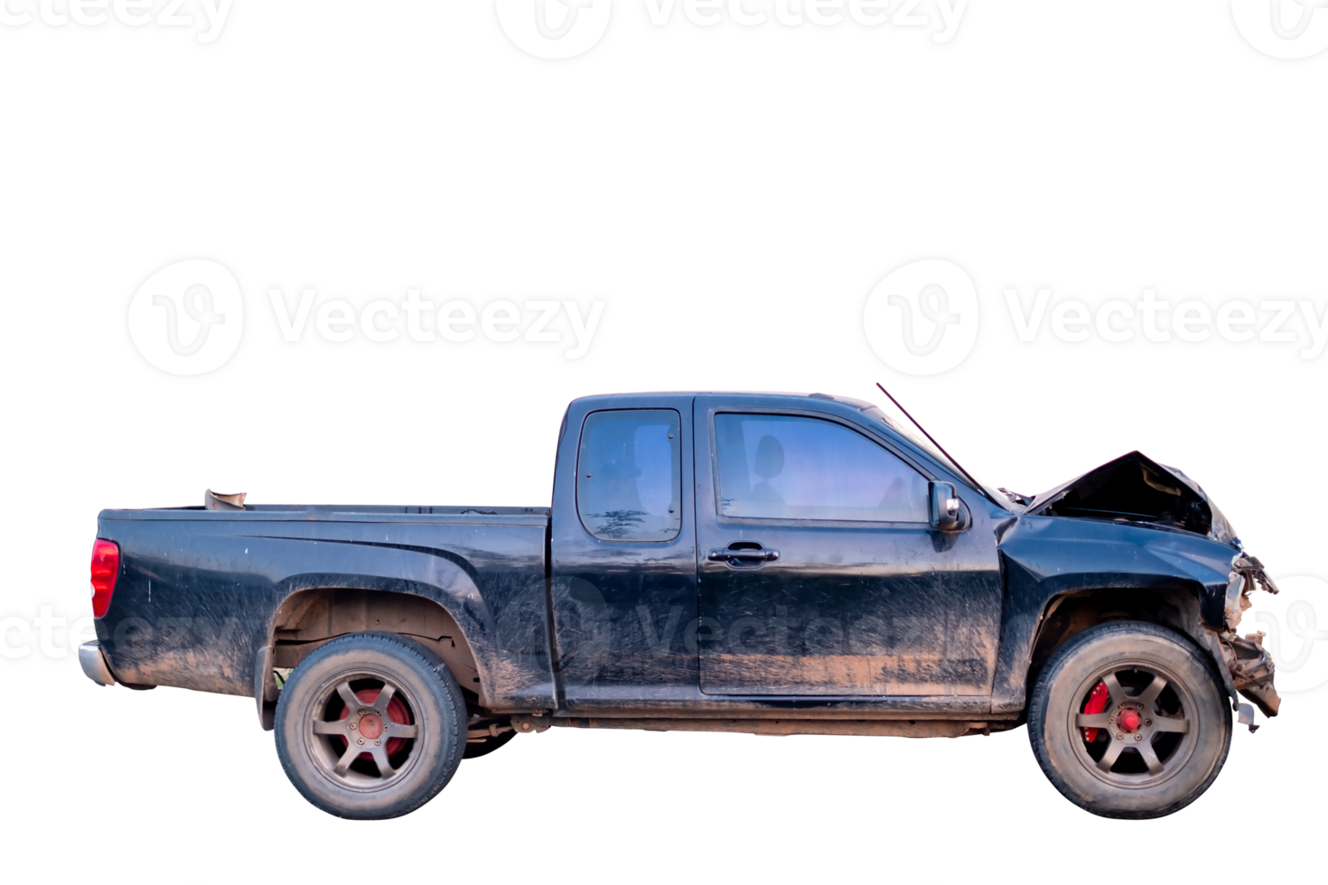 Side view of black pickup truck car get damaged by accident on the road. damaged cars after collision. isolated on transparent background, Car and casualty insurance ,PNG File png