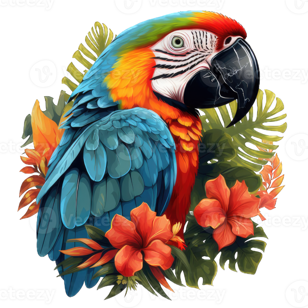 AI generated Colorful portrait of Amazon red macaw parrot against jungle. Side view of wild ara parrot head on green background. Wildlife and rainforest exotic tropical birds as popular pet breeds png