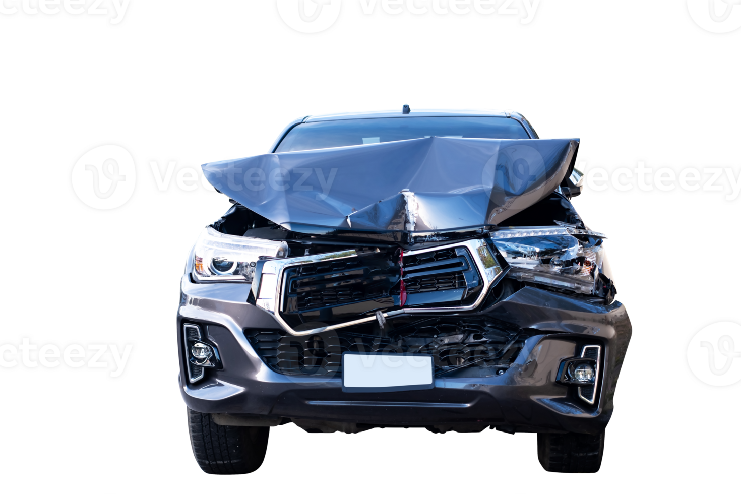 Front view of black pickup truck car get damaged by accident on the road. damaged cars after collision. isolated on transparent background, Car and casualty insurance, PNG File