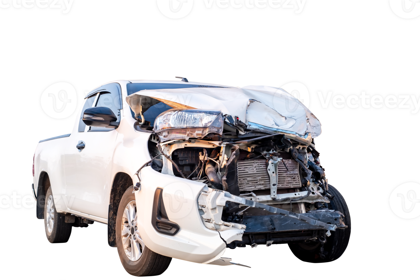 Car crash, Front and Side view of white pickup car get hard damaged by accident on the road. damaged cars after collision. isolated on transparent background, PNG File