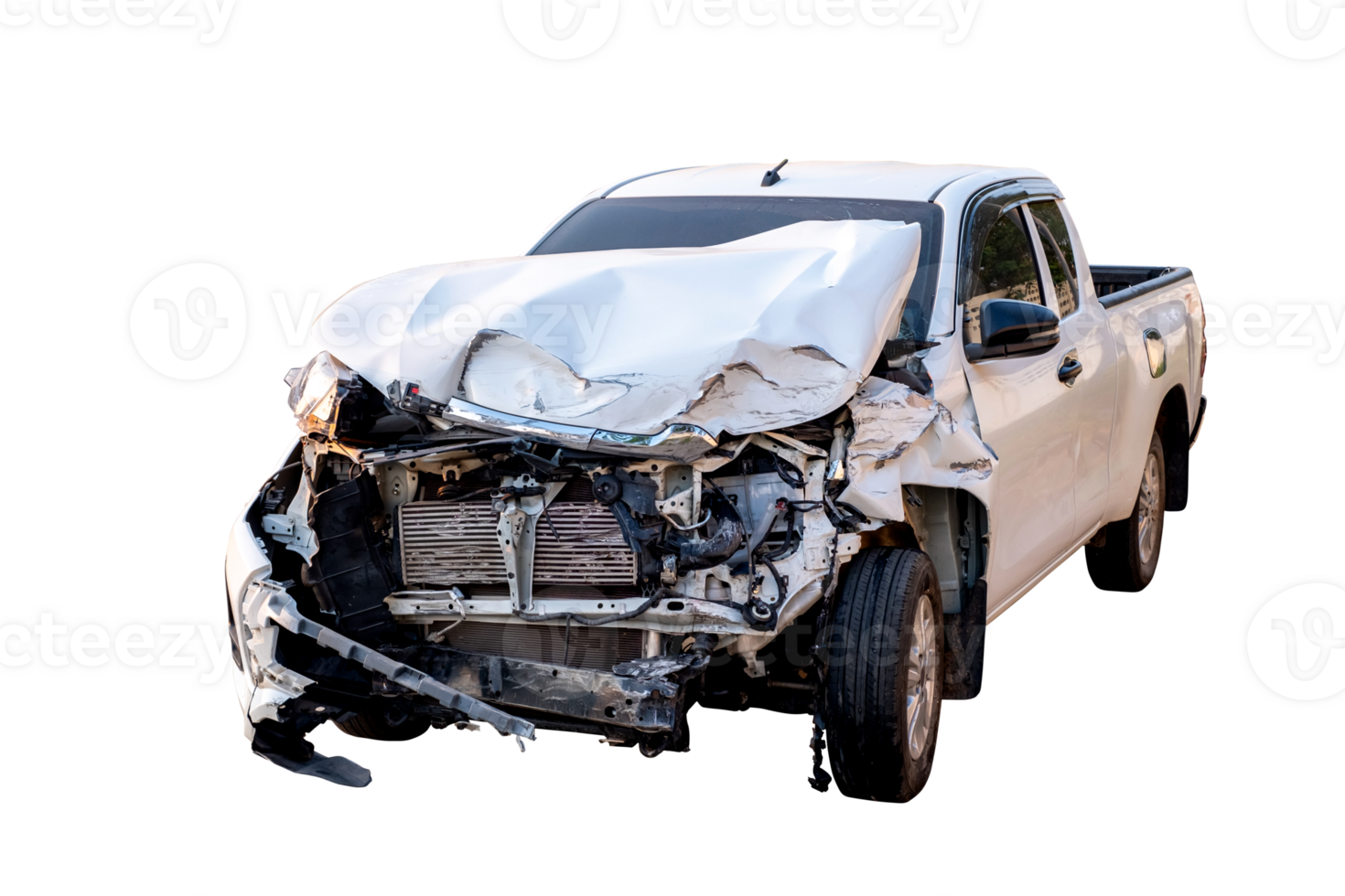 Car crash, Front and Side view of white pickup car get hard damaged by accident on the road. damaged cars after collision. isolated on transparent background. PNG File