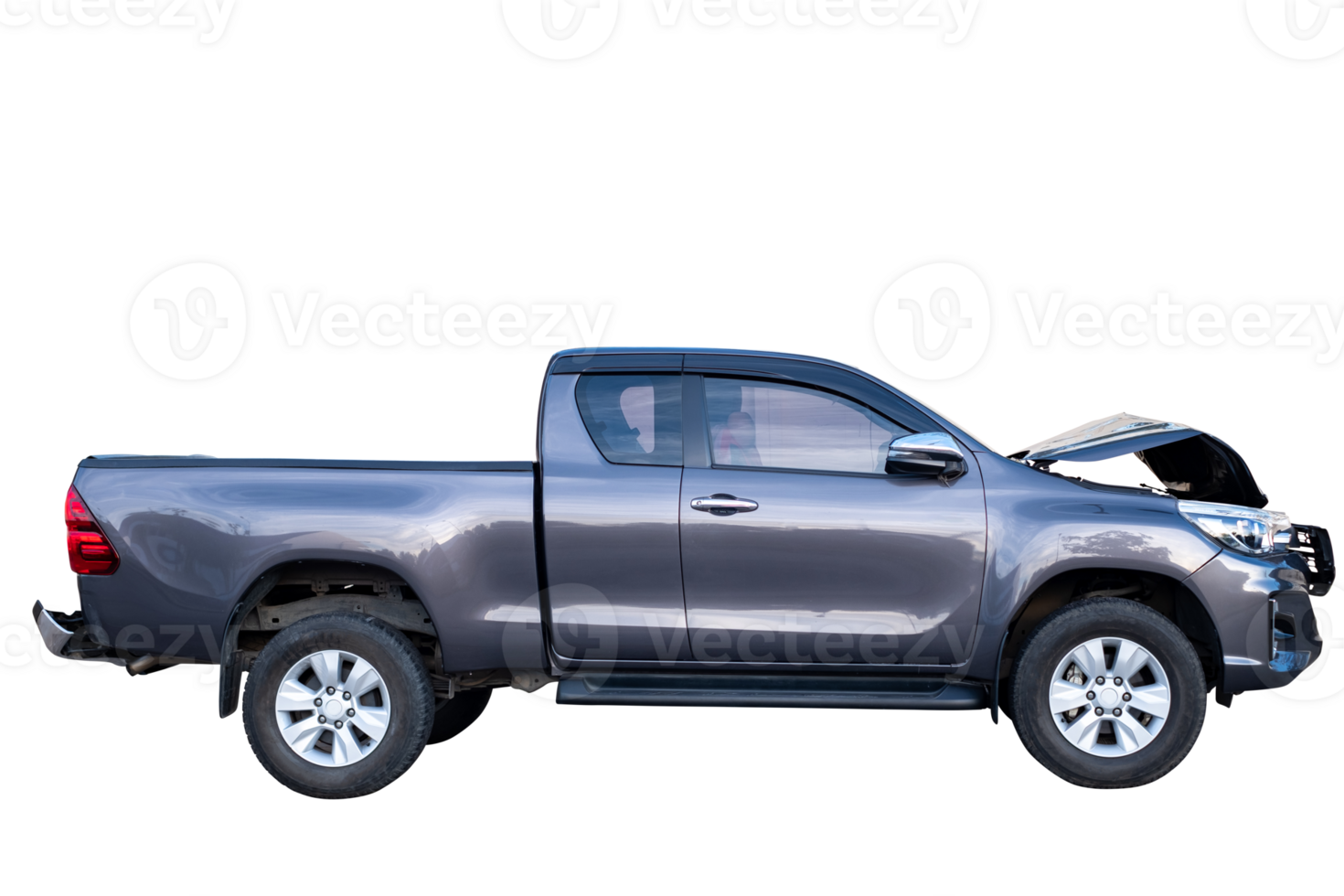 Side view of black pickup truck car get damaged by accident on the road. damaged cars after collision. isolated on transparent background, Car and casualty insurance ,PNG File png