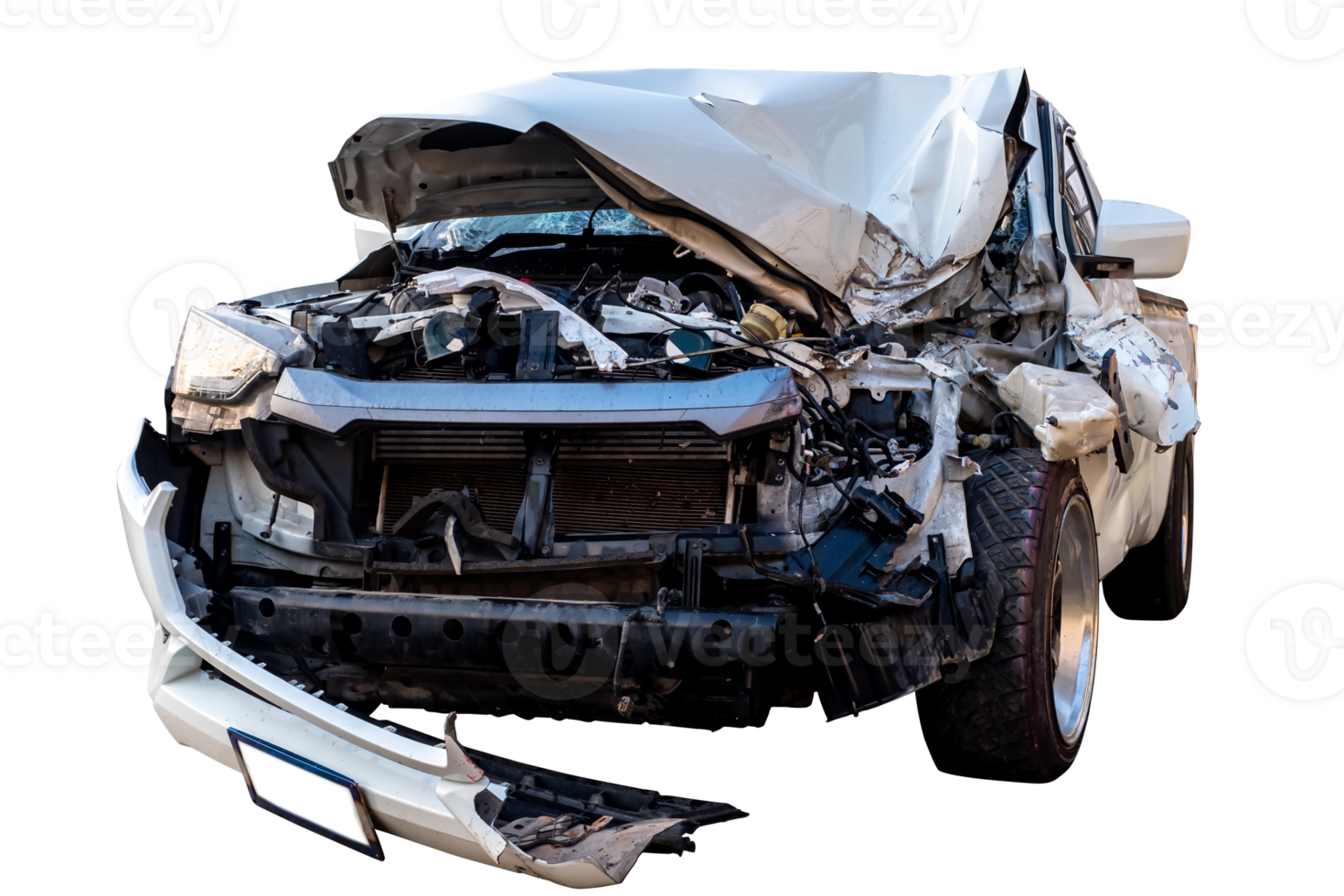 Car crash, Front and Side view of white pickup car get hard damaged by accident on the road. damaged cars after collision. isolated on transparent background, PNG File