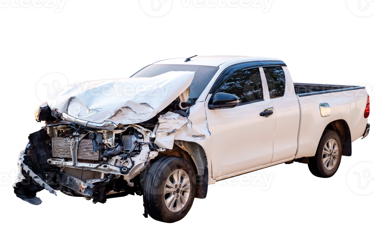 auto incidente, davanti e lato Visualizza di bianca Raccogliere auto ottenere difficile danneggiato di incidente su il strada. danneggiato macchine dopo collisione. isolato su trasparente sfondo, png file