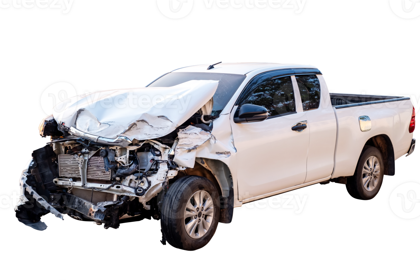 Car crash, Front and Side view of white pickup car get hard damaged by accident on the road. damaged cars after collision. isolated on transparent background, PNG File