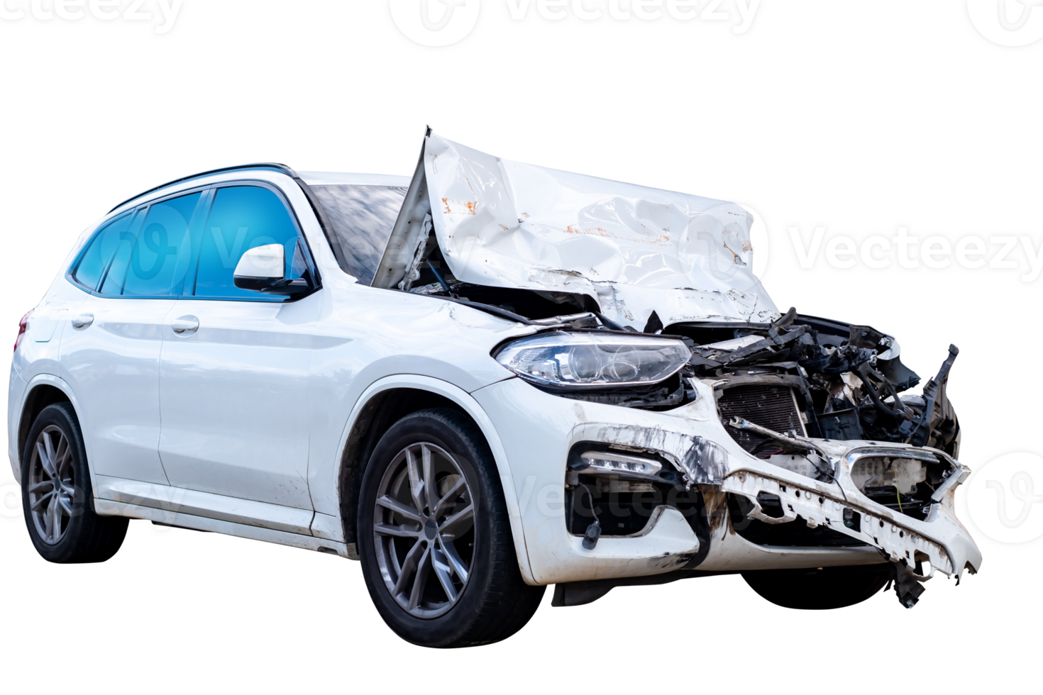 Full body front and side view of white car get damaged by accident on the road. damaged cars after collision. Isolated on transparent background, car crash broken, PNG File