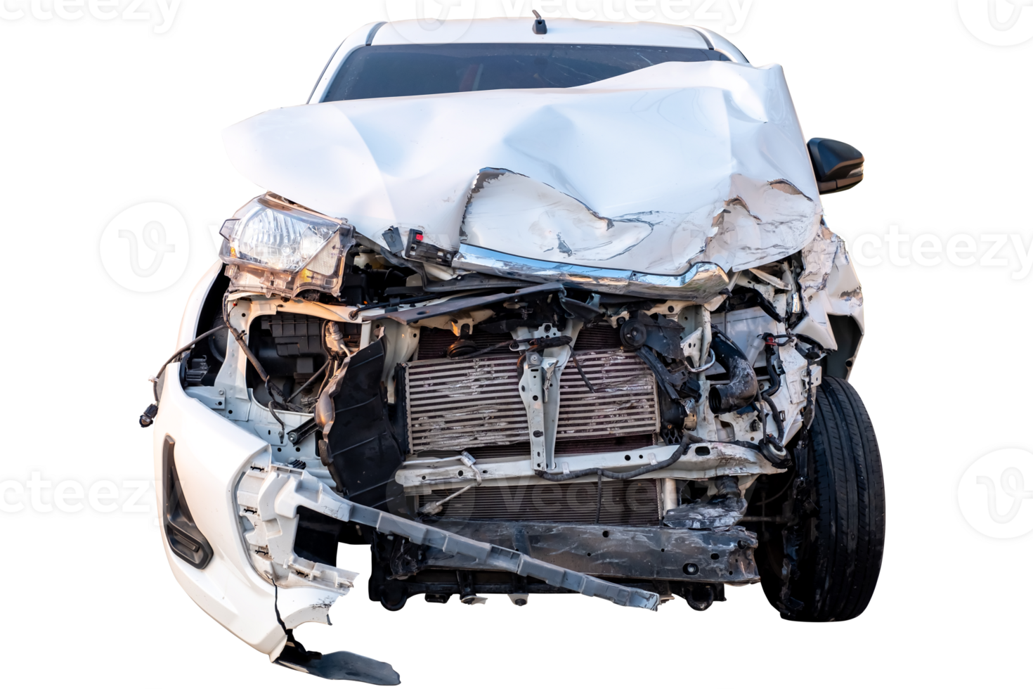Car crash, Front view of white pickup car get hard damaged by accident on the road. damaged cars after collision. isolated on transparent background, PNG File
