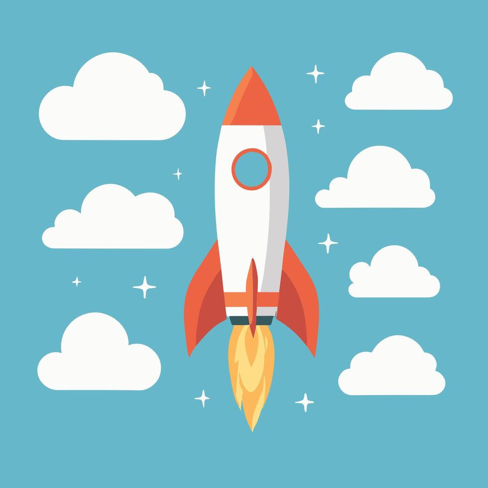 Rocket launch illustration with clouds vector art