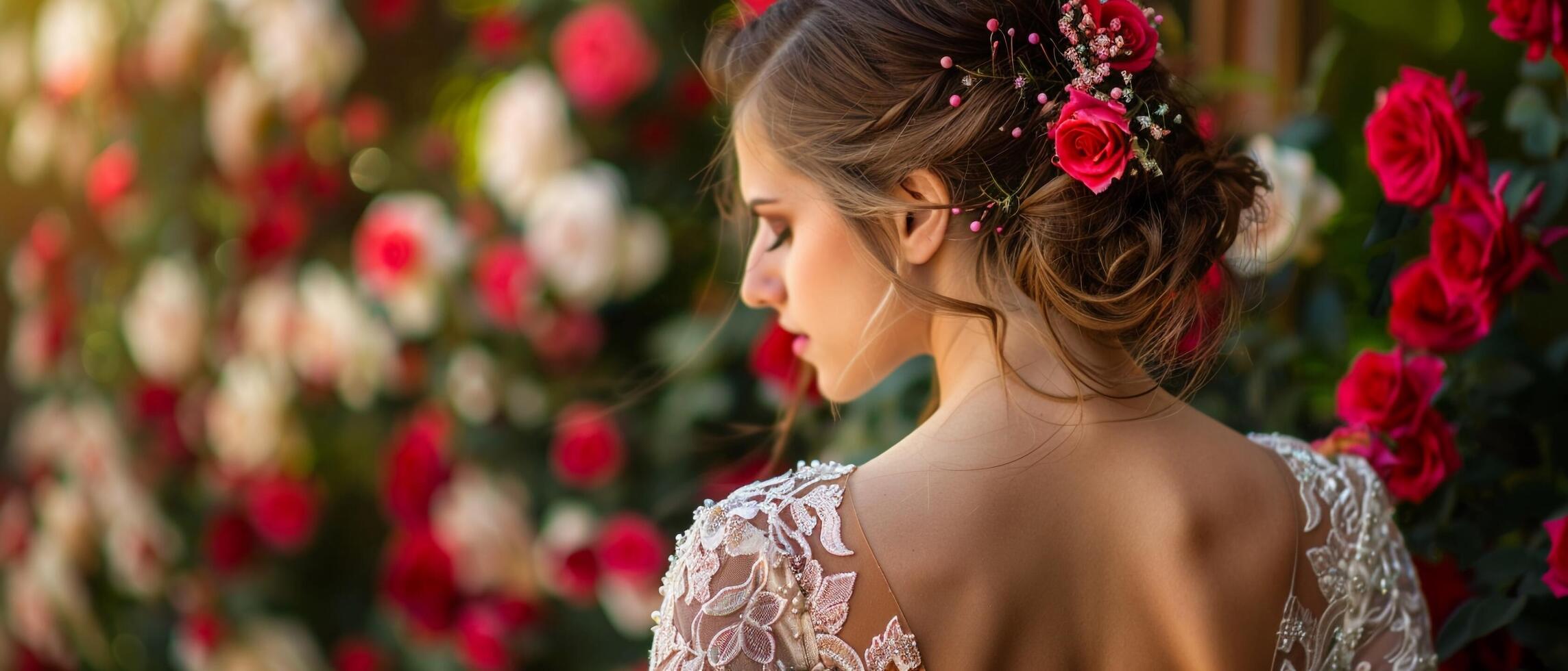 ai generado un novia con un elegante updo y un abierto espalda Boda vestir soportes en contra un fondo de rosas foto