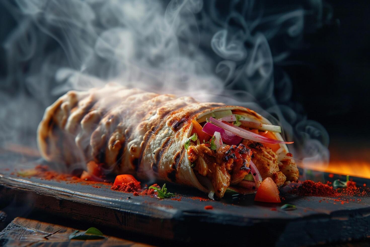 AI generated A Close-up of a delicious steamy chicken shawarma wrap with fresh vegetables and spices photo