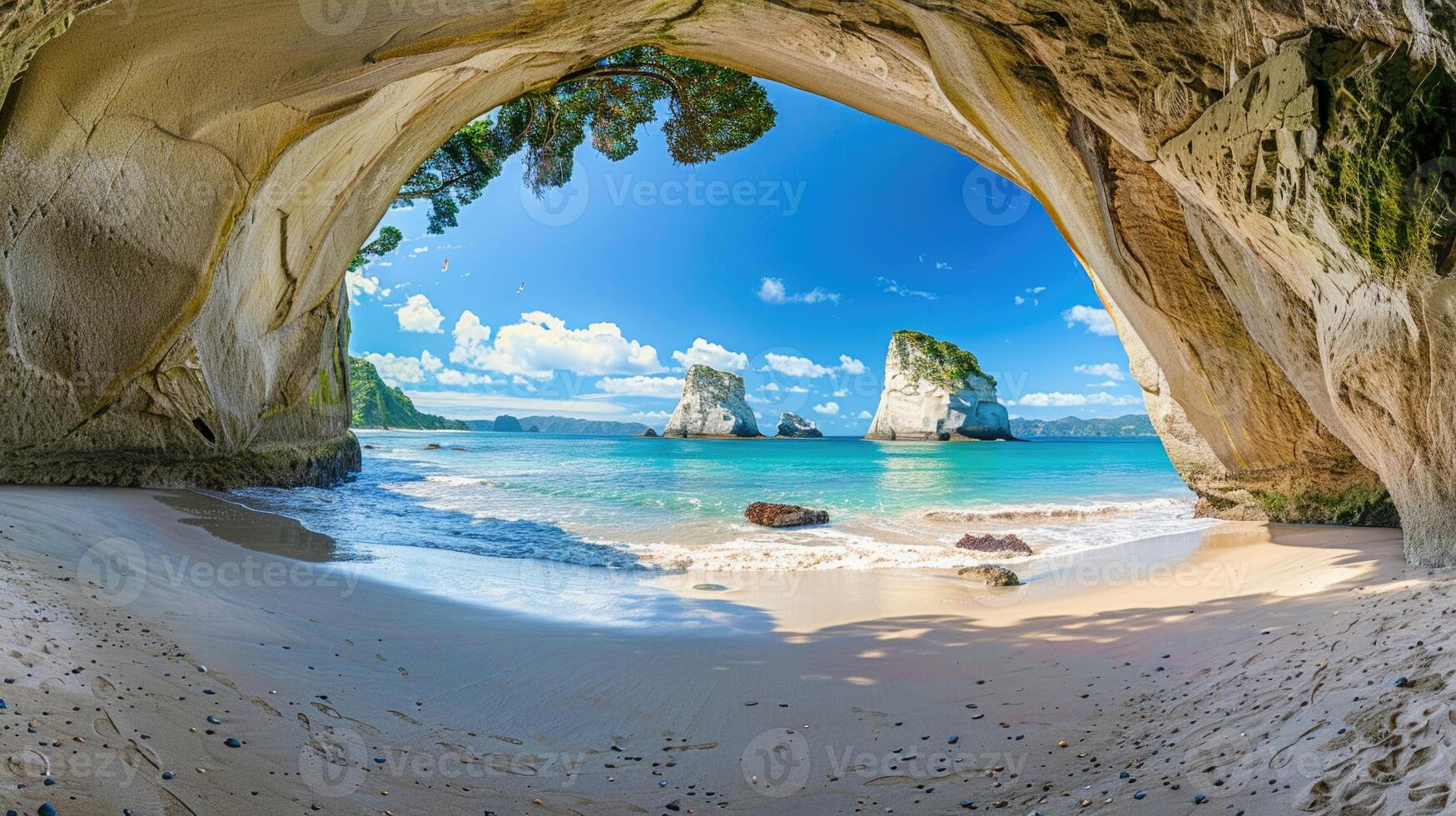 AI generated A Sweeping view of the iconic Cathedral Cove beach with its natural rock archway and pristine sandy shores in New Zealand. photo