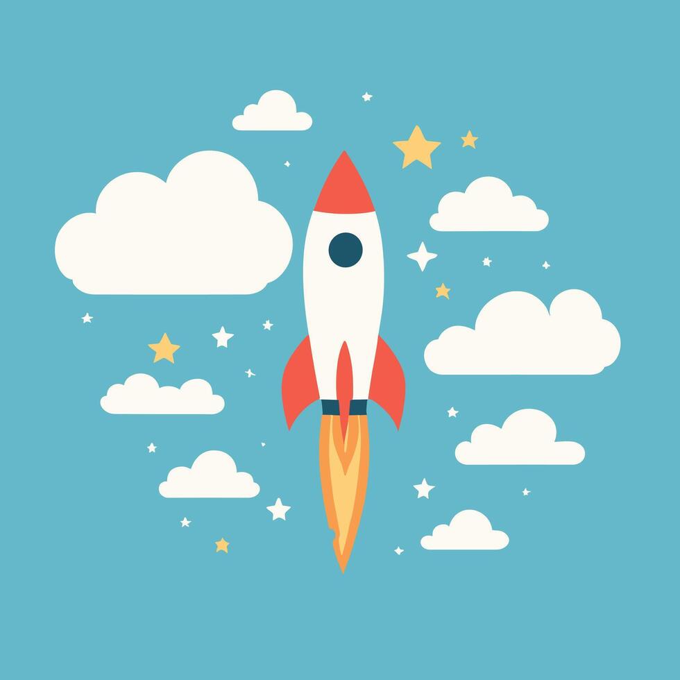 Rocket launch illustration with clouds vector art