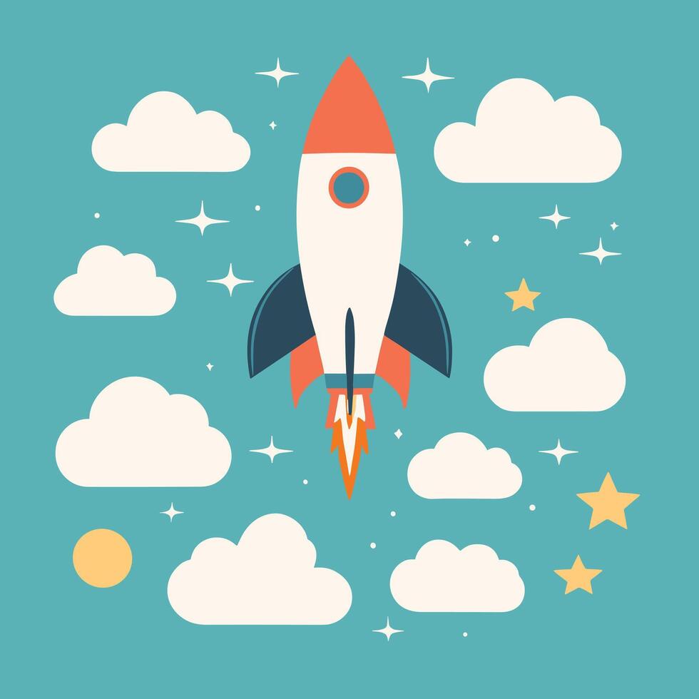 Rocket launch illustration with clouds vector art