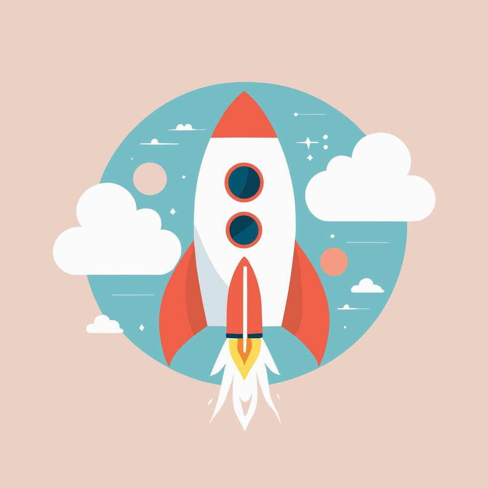 Rocket launch illustration with clouds vector art