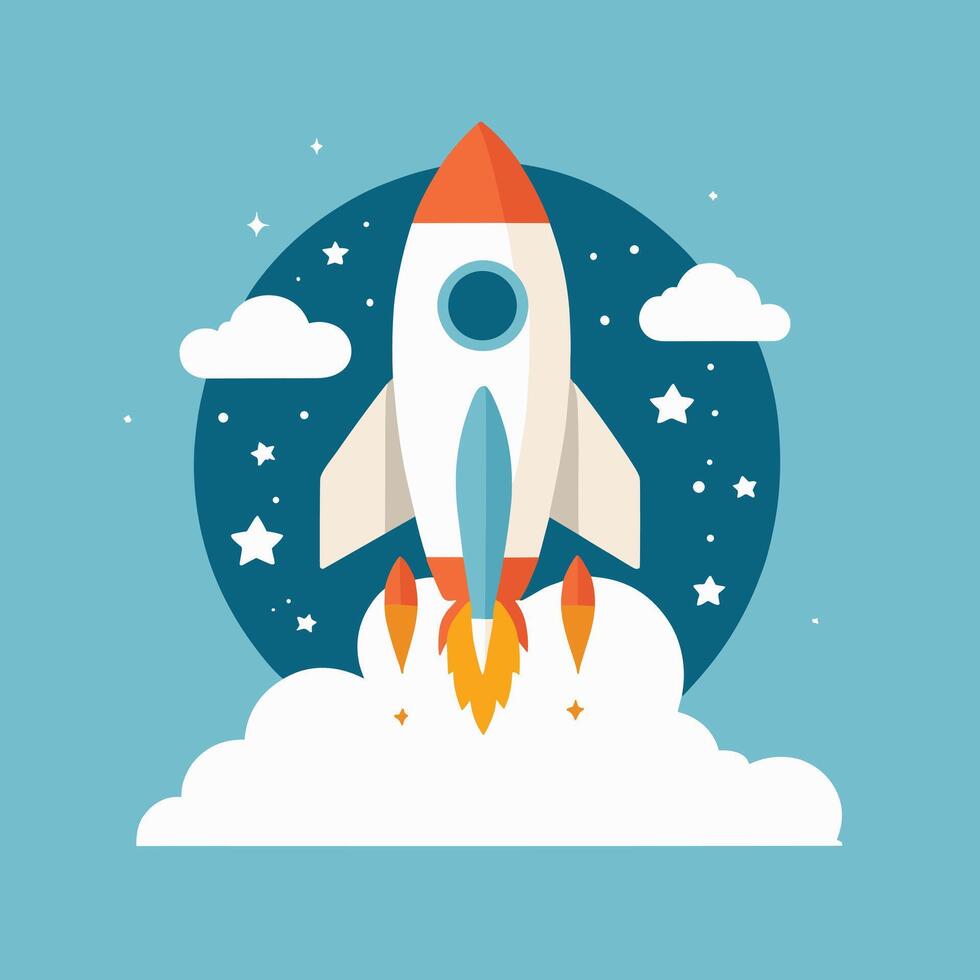 Rocket launch illustration with clouds vector art