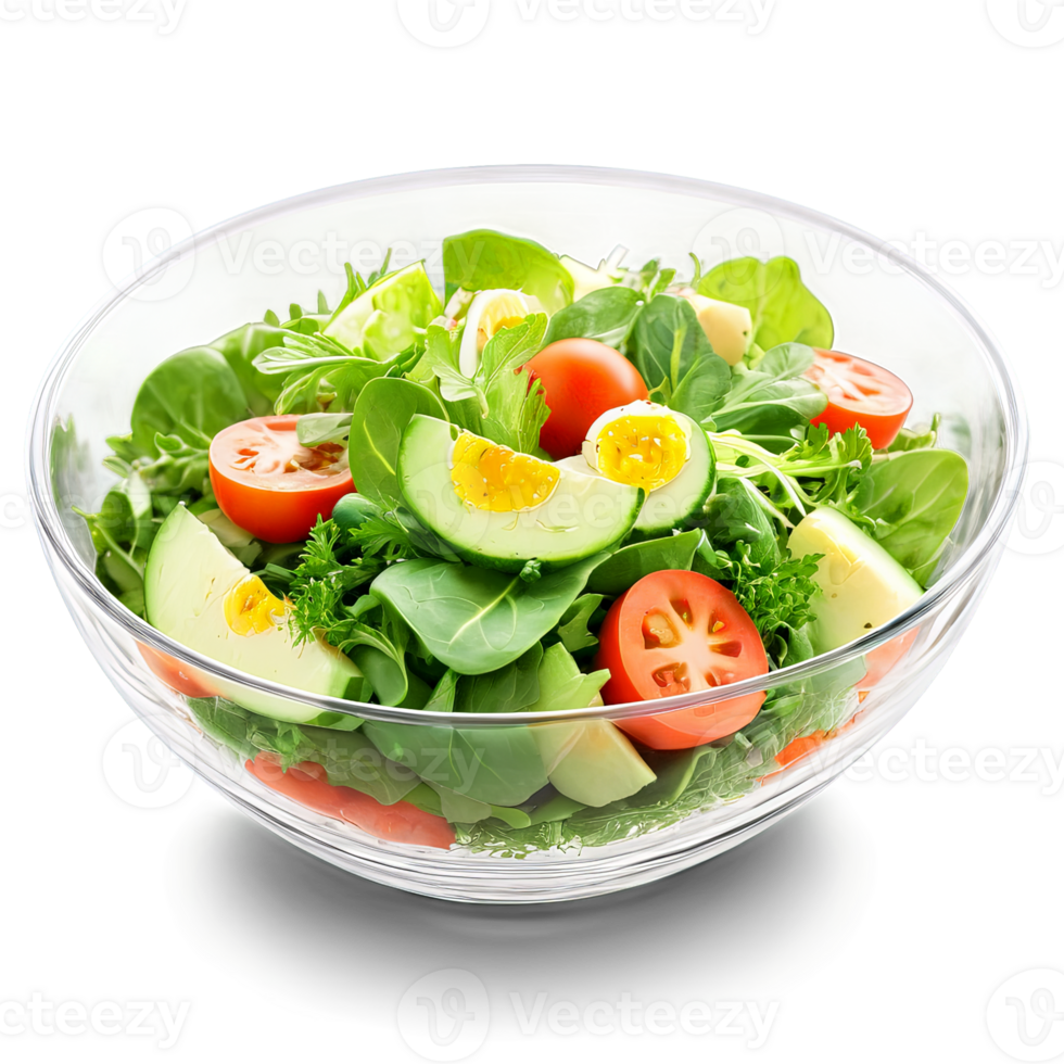 AI Generated Salad in transparent glass bowl. A refreshing and light salad in a deep, clear glass bowl, featuring a mix of fresh greens, vegetables png