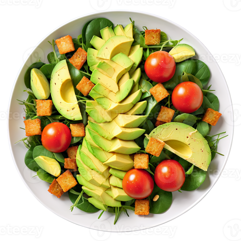 AI Generated Salad A fresh and vibrant salad, featuring a colorful medley of crisp greens, juicy tomatoes, sliced avocado, isolated on transparent background png