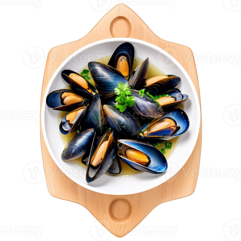 AI Generated Steamed mussels in a white wine broth, viewed from above, with a hint of parsley and garlic, isolated on transparent background png